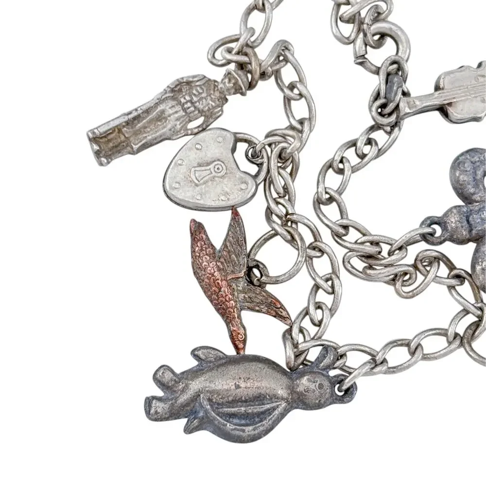 Vintage Sterling Silver 925 Mixed Metal Charm Bracelet 7